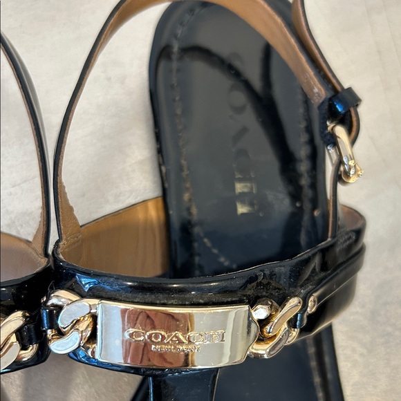 Coach Glossy Black Sandals with Metallic Gold Detail - Picture 3 of 9